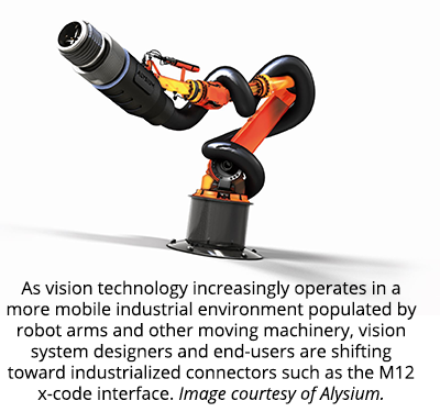 As vision technology increasingly operates in a more mobile industrial environment populated by robot arms and other moving machinery, vision system designers and end-users are shifting toward industrialized connectors such as the M12 x-code interface. Image courtesy of Alysium.