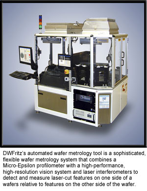 DWFritz’s automated wafer metrology tool is a sophisticated, flexible wafer metrology system that combines a Micro-Epsilon profilometer with a high-performance, high-resolution vision system and laser interferometers to detect and measure laser-cut features on one side of a wafers relative to features on the other side of the wafer.
