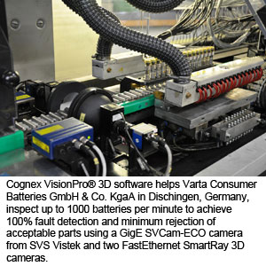 Cognex VisionPro® 3D software helps Varta Consumer Batteries GmbH & Co. KgaA in Dischingen, Germany, inspect up to 1000 batteries per minute to achieve 100% fault detection and minimum rejection of acceptable parts using a GigE SVCam-ECO camera and two FastEthernet SmartRay 3D cameras from SVS Vistek.