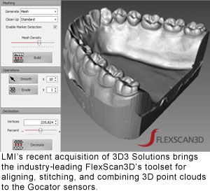 LMI’s recent acquisition of 3D3 Solutions brings the industry leading FlexScan3D’s toolset for aligning, stitching, and combining 3D point clouds to the Gocator sensors. 