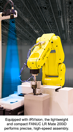 Equipped with iRVision, the lightweight and compact FANUC LR Mate 200iD performs precise, high-speed assembly.