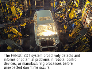 The FANUC ZDT system proactively detects and informs of potential problems in robots, control devices, or manufacturing processes before unexpected downtime occurs.