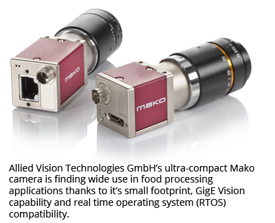 Allied Vision Technologies GmbH’s ultra-compact Make camera if finding wide use in food processing applications thanks to it’s small footprint, GigE Vision capability and real time operating system (RTOS) compatibility. 