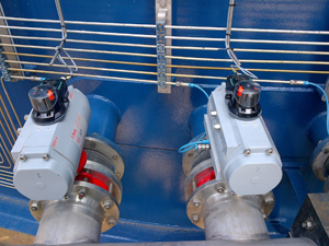 Two Pepperl + Fuchs F31K2 dual inductive sensors mounted on pneumatic valve actuators at Frisia Zout in Harlingen, the Netherlands.