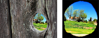 Figure 10 - “Knot-hole” example: Left, the entrance pupil is far from the opening (knot hole), providing a limited view of the image. Right, the entrance pupil is at the opening providing a fuller view.