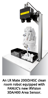 An LR Mate 200iD/4SC clean room robot equipped with FANUC’s new iRVision 3DA/400 Area Sensor
