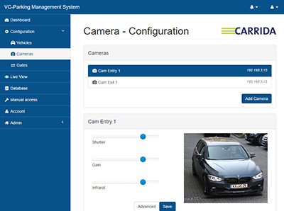 Carrida fully automatic OEM parking management with remote access via GUI and data logging allows full control of cameras and configurations from handhelds