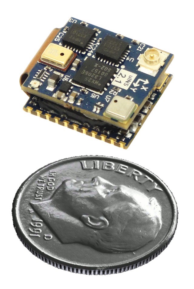 Figure 1: The µINS-2 from Inertial Sense is smaller than a U.S. quarter and uses sensor data and GPS data to provide position estimation.