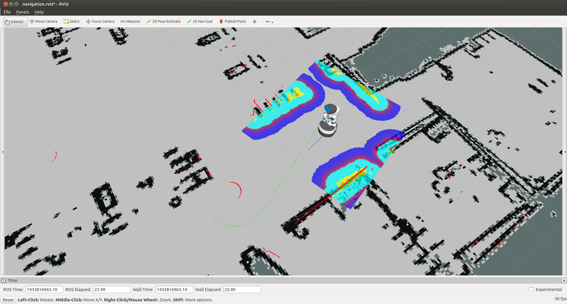 Figure 3: Fetch Robotics’ Freight robot employs a lidar scanning range finder, an IMU, and wheel encoders to generate a web-based GUI to limit the motion of the robot and define the positions of charging stations.