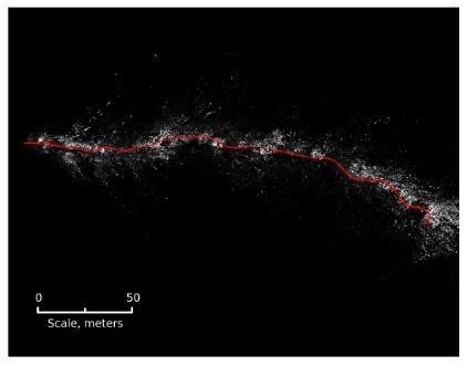Figure 4: Top-down view of a 250 m drone trajectory (red) through a forest, with 3D map overlaid in gray dots that was generated by direct sparse odometry SLAM.