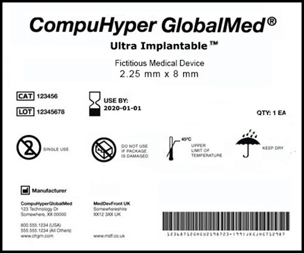 A fictitious example of a medical device label that conforms to the requirements of the FDA’s UDI (Unique Device Identifier) initiative for device labels and packaging.