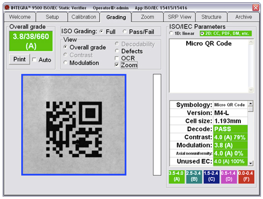 Figure 4: Verification software containing built-in ISO/IEC parameters for grading barcode print quality to standards-based compliance. The QR Code here has achieve “A” grades for the parameters Contrast, Modulation, Axial Nonuniformity, and Unused Error Correction.