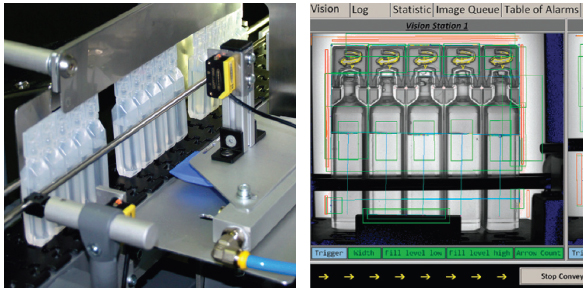 Microscan Visionscape® Gigabit Ethernet (GigE) cameras are used to inspect the dimensions and fill levels of ampoules in production.
