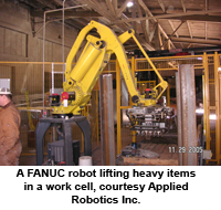 A FANUC robot lifting heavy items in a work cell, courtesy Applied Robotics Inc.