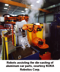 Robots assisting the die-casting of aluminum car parts, courtesy KUKA Robotics Corp.