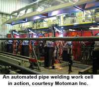 An automated pipe welding work cell in action, courtesy Motoman Inc.