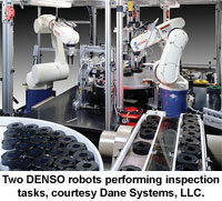 Two DENSO robots performing inspection tasks, courtesy Dane Systems, LLC.
