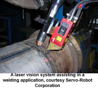 A laser vision system assisting in a welding application, courtesy Servo-Robot Corporation