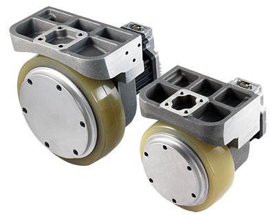Integrated wheel actuators incorporate the entire electromechanical actuator with the wheel in an assembly that just needs to be connected to the chassis. (Courtesy of Allied Motion)