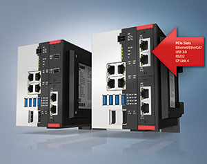 With the new C6032 IPC, the ultra-compact Industrial PC series from Beckhoff now includes a high-end device with PCIe modules for expansion options (on the left with additional 4 x USB 3.0, on the right with 4 x Ethernet).