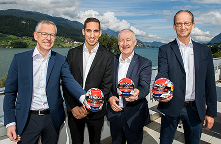 Daniel von Wyl (site manager, maxon motor ag), Sébastien Buemi, Eugen Elmiger (CEO maxon Group) and Dominik Stockmann (head of development, motors & encoders).