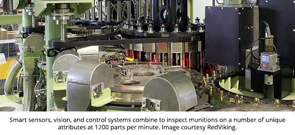 Smart sensors, vision, and control systems combine to inspect munitions on a number of unique attributes at 1200 parts per minute. Image courtesy RedViking.