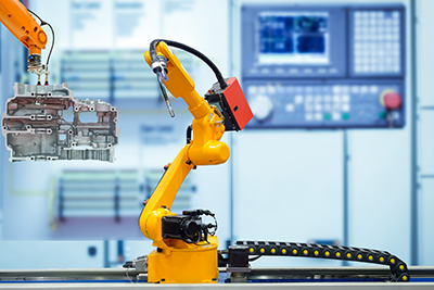Moving welding robot and robot gripping working with engine parts