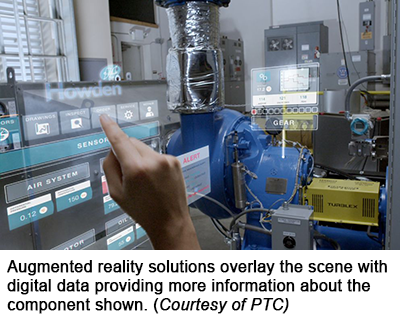 Augmented reality solutions overlay the scene with digital data providing more information about the component shown. (Courtesy of PTC)