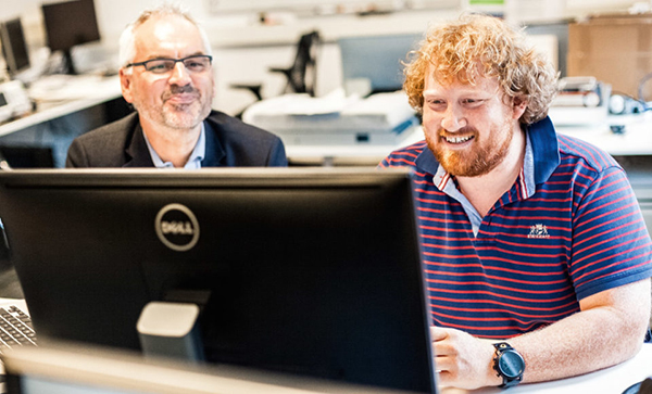 Managing director Iwan van Vijfeijken (left) takes a close look at the development of new products. (Photo | Ruud van de Wiel)