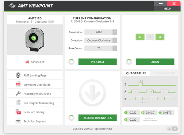 Figure 3: CUI Devices’ AMT Viewpoint GUI offers users the ability to program multiple encoder parameters and access diagnostic data