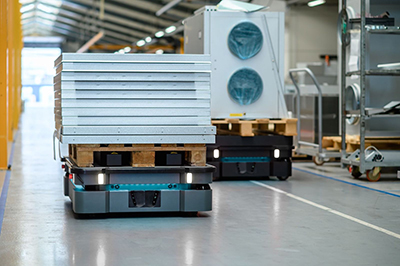 Mobile Industrial Robots’ new MiR1350 and MiR6000 autonomous mobile robots carry pallets in a warehouse.