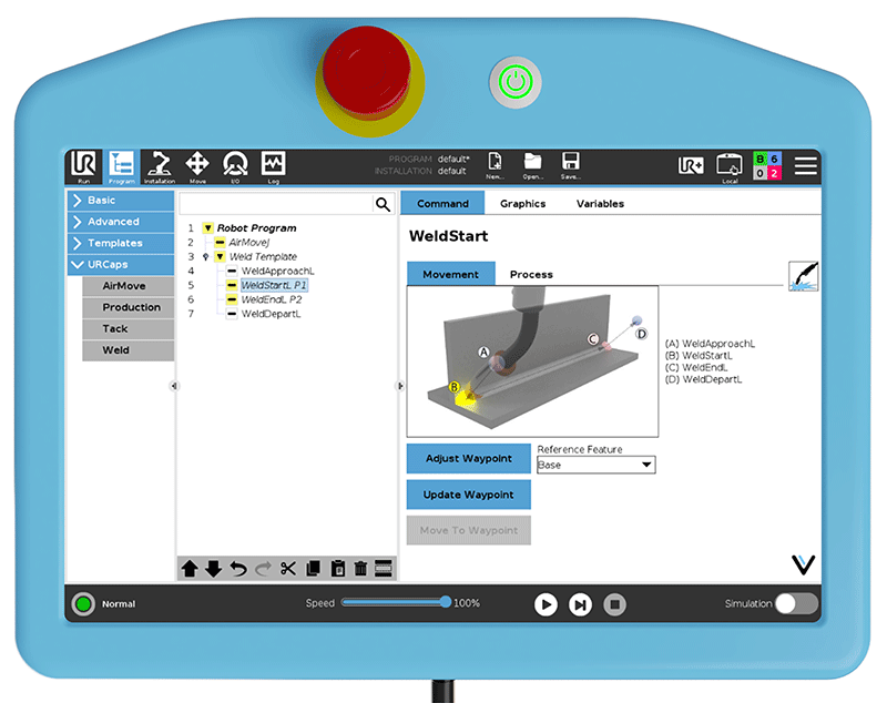 Intuitive user interface directly integrated to the robot teach pendant enables users with no robotic experience to program the welding system. (Courtesy of Universal Robots)