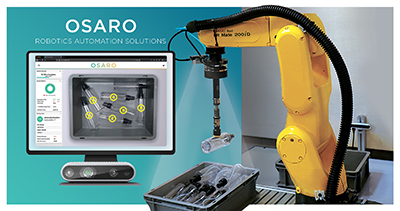 OSARO’s machine learning software, with grasp points displayed and a robot arm picking clear plastic pieces. Credit: OSARO 