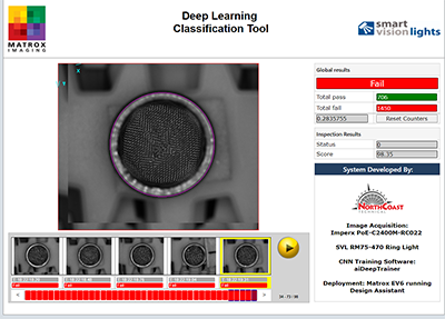 Matrox Imaging’s deep learning classification tool inspects wire mesh for holes, dents, and foreign objects. It classifies each filter as “good” or “not good.” 