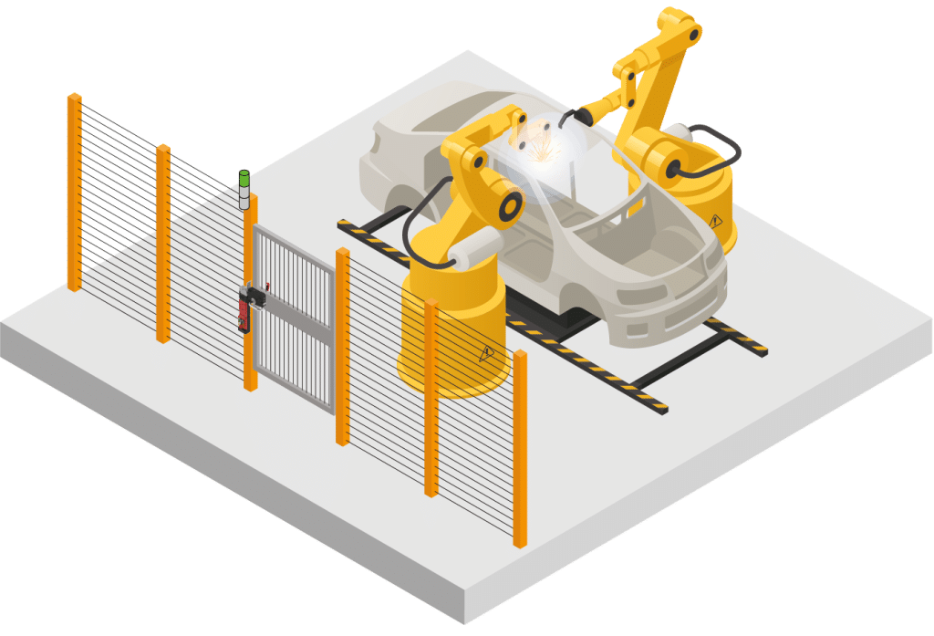 Automated robot welding cells are used to accurately and efficiently spot weld automobile frames.