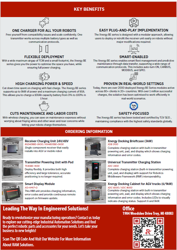 Key benefits: One charger for all your robots, Easy plug-and-play implementation, Flexible deployment, Smart-enable, High charging power & speed, Proven in real-world settings, Cuts maintenance and labor costs, Safety-focused