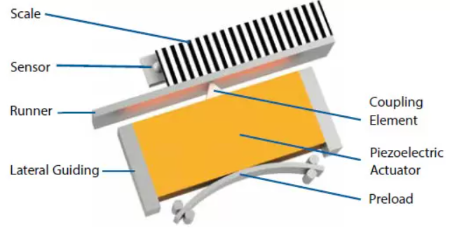 Schematic design of an ultrasonic motor. The piezoelectric actuator is preloaded against the runner. Electrical excitement of the actuator causes oscillation. This oscillation is converted to forward motion which is then transmitted to the runner using a coupling element. The position of the runner is recorded by a stationary sensor (encoder), which counts the periods of a grating attached to the runner (Image: PI)