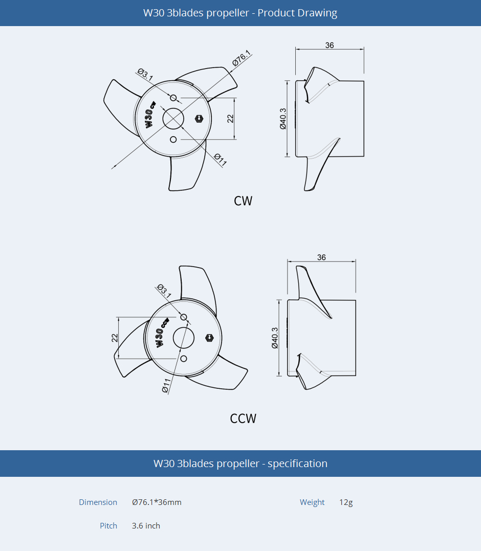 CubeMars-W30-3-Blade-Propeller-Product-Drawing
