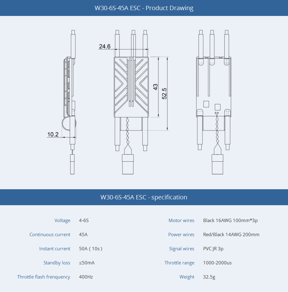 CubeMars-W30-6S-45A-ESC-Product-Drawing
