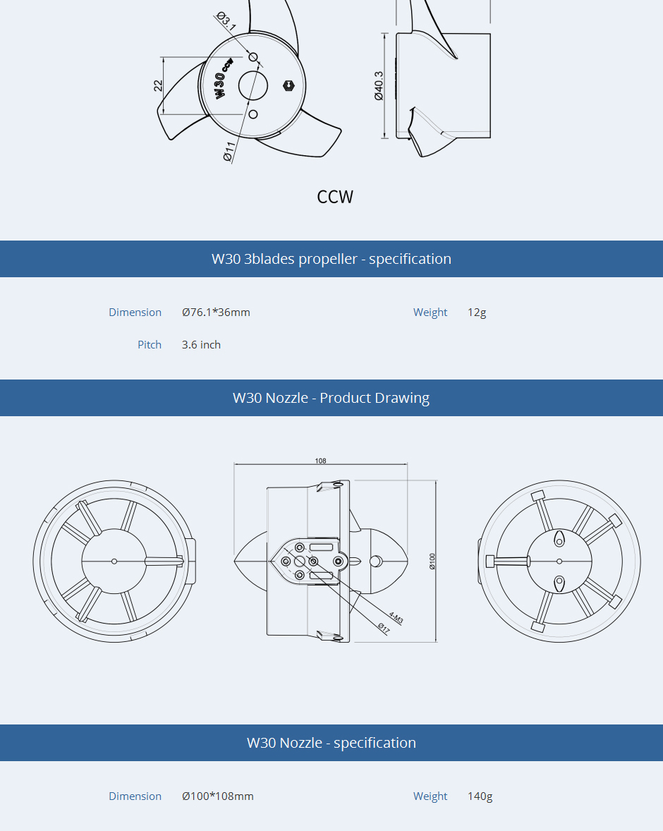 CubeMars-12V-25V-Thruster-W30-Thruster-Blades-Specification