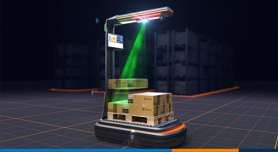 a rendering of the Stack Assist tool by SAT Technologies to help a warehouse worker stack a pallet