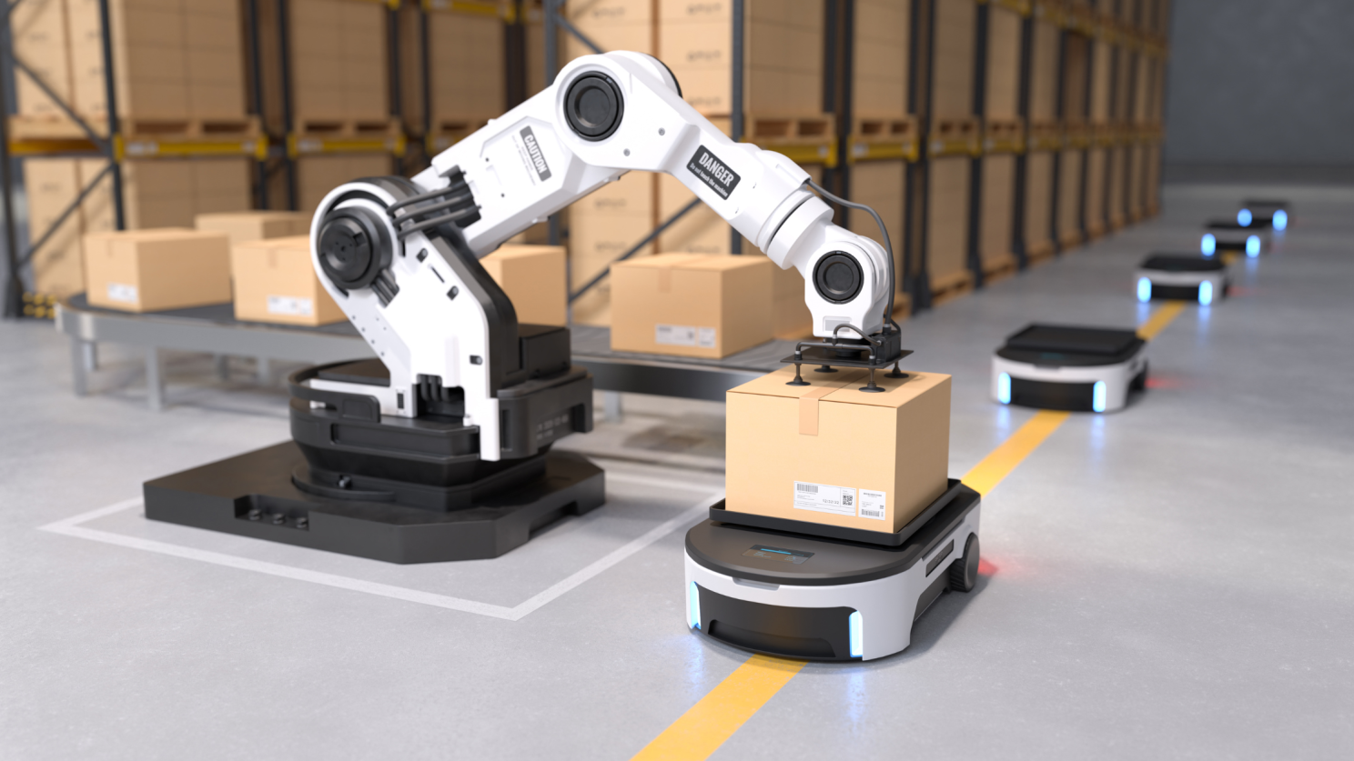 robot arm picking up a box from an AMR in a warehouse