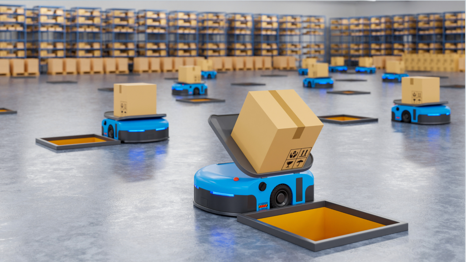 AMRs with boxes in a warehouse