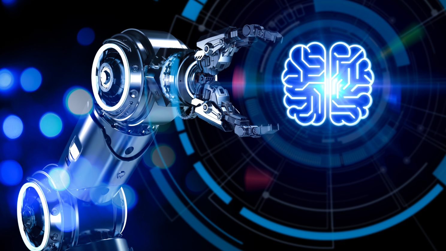 industrial robot arm next to brain