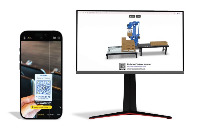 phone with QR code interactivity and monitor with palletizing demonstration