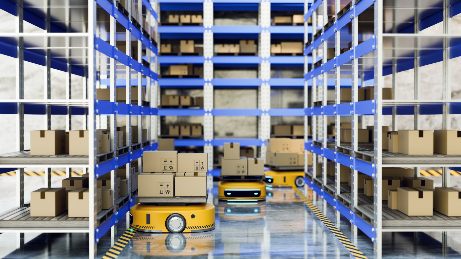 Autonomous Mobile Robots moving boxes in a warehouse