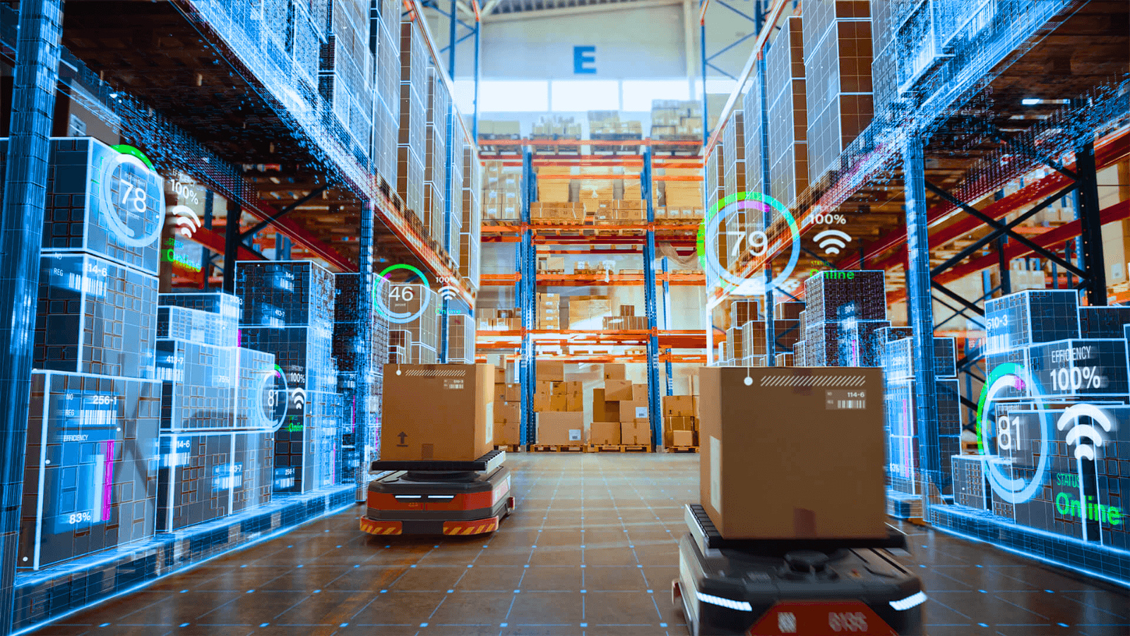 image of AMRs carrying boxes in a warehouse