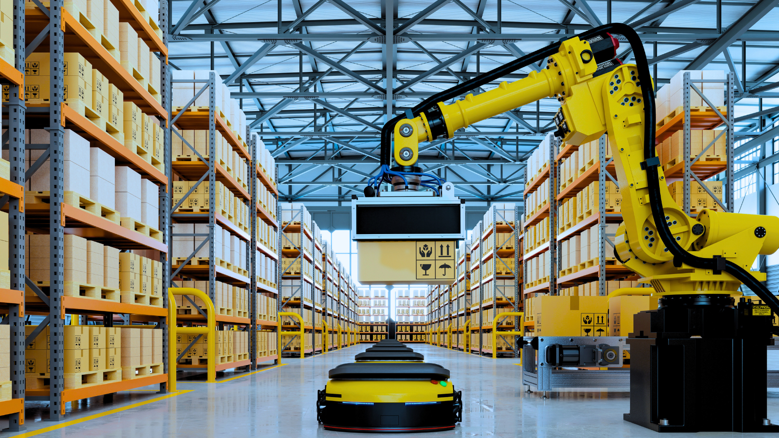 robot arm lifting warehouse box to load onto AMR