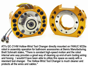 ATI's QC-21HM Hollow-Wrist Tool Changer directly mounted on FANUC M20ia robot in assembly operation for bathroom accessories at Bemis Manufacturing. 