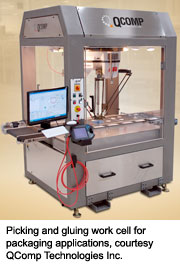 Picking and gluing work cell for packaging applications, courtesy QComp Technologies Inc.